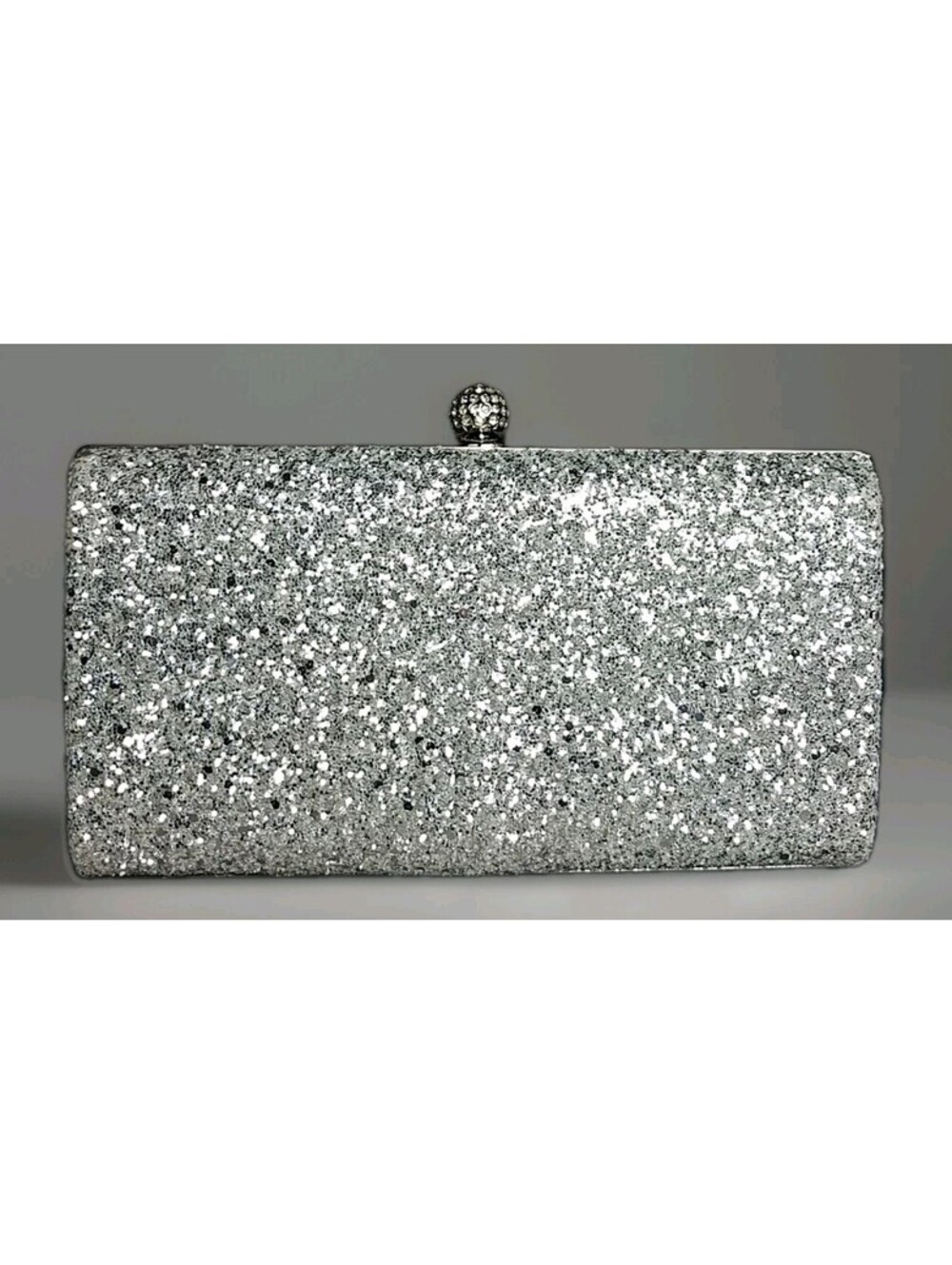 NWT d'margeaux Silver Glitter Evening Clutch Shoulder Bag Rhinestone Kiss Lock